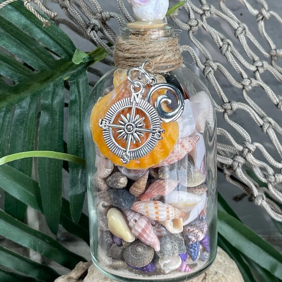 “Beach in a Bottle”  Seashells sand w Coral Shell Compass Wave Charms Nautical - Picture 5 of 16